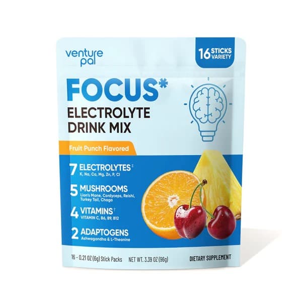 Focus Electrolyte Drink Mix - Fruit Punch - Hydration Powder with 7 Electrolytes, Vitamins, Functional Mushrooms & Adaptogens for Energy, Focus & Daily Recovery