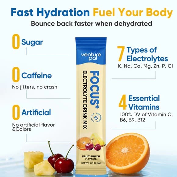 Focus Electrolyte Drink Mix - Fruit Punch - Hydration Powder with 7 Electrolytes, Vitamins, Functional Mushrooms & Adaptogens for Energy, Focus & Daily Recovery