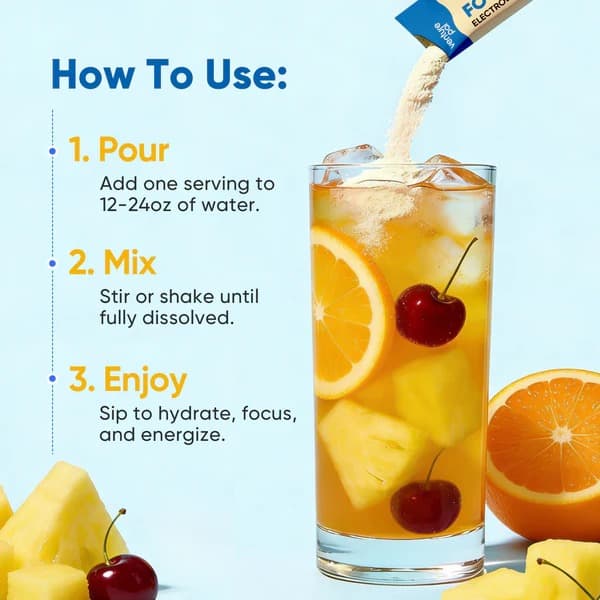 Focus Electrolyte Drink Mix - Fruit Punch - Hydration Powder with 7 Electrolytes, Vitamins, Functional Mushrooms & Adaptogens for Energy, Focus & Daily Recovery