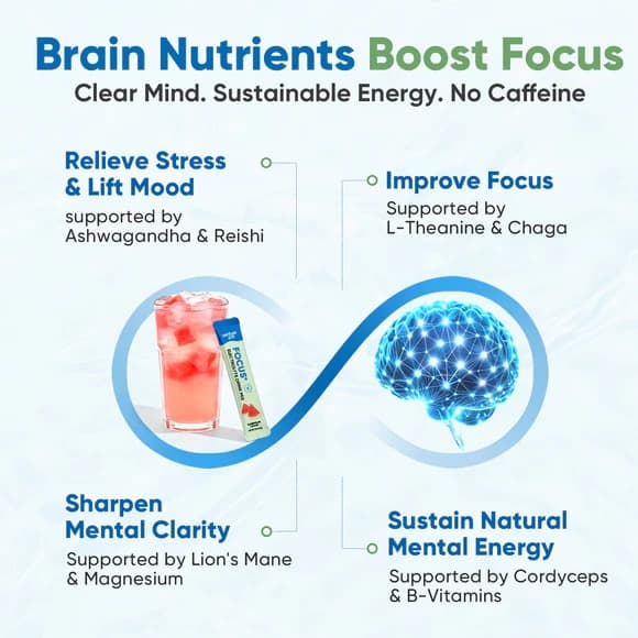 Focus Electrolyte Drink Mix - Watermelon - Hydration Powder with Electrolytes, Vitamins, Functional Mushrooms & Adaptogens for Energy, Focus & Recovery