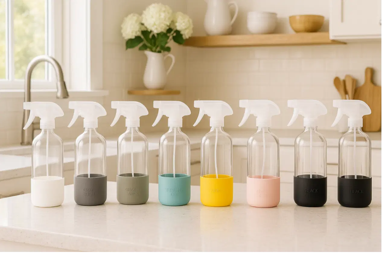 Glass Spray Bottle with Silicone Sleeve [2-PACK] - 16 oz Clear Glass Spray Bottles for Cleaning Solutions, Essential Oils, Plants, Vinegar - Refillable - Food Safe