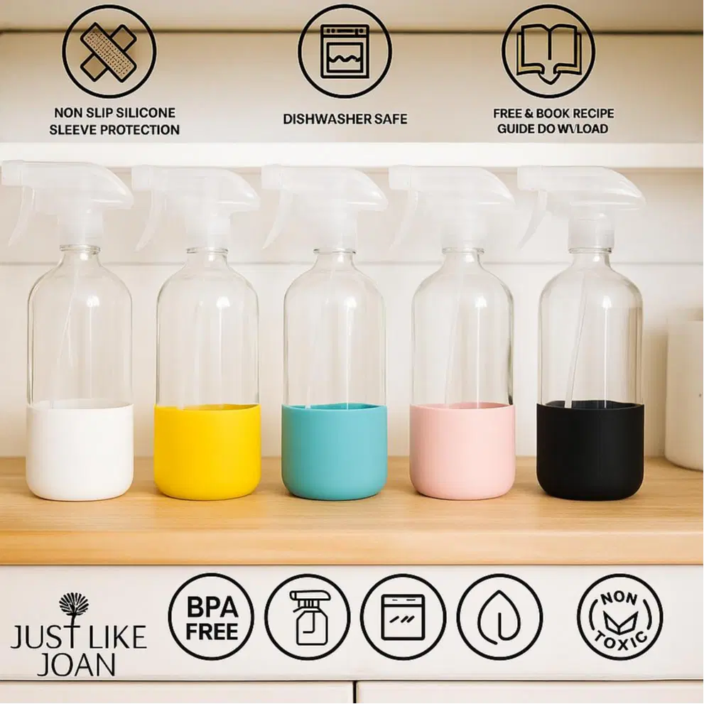 Glass Spray Bottle with Silicone Sleeve [2-PACK] - 16 oz Clear Glass Spray Bottles for Cleaning Solutions, Essential Oils, Plants, Vinegar - Refillable - Food Safe