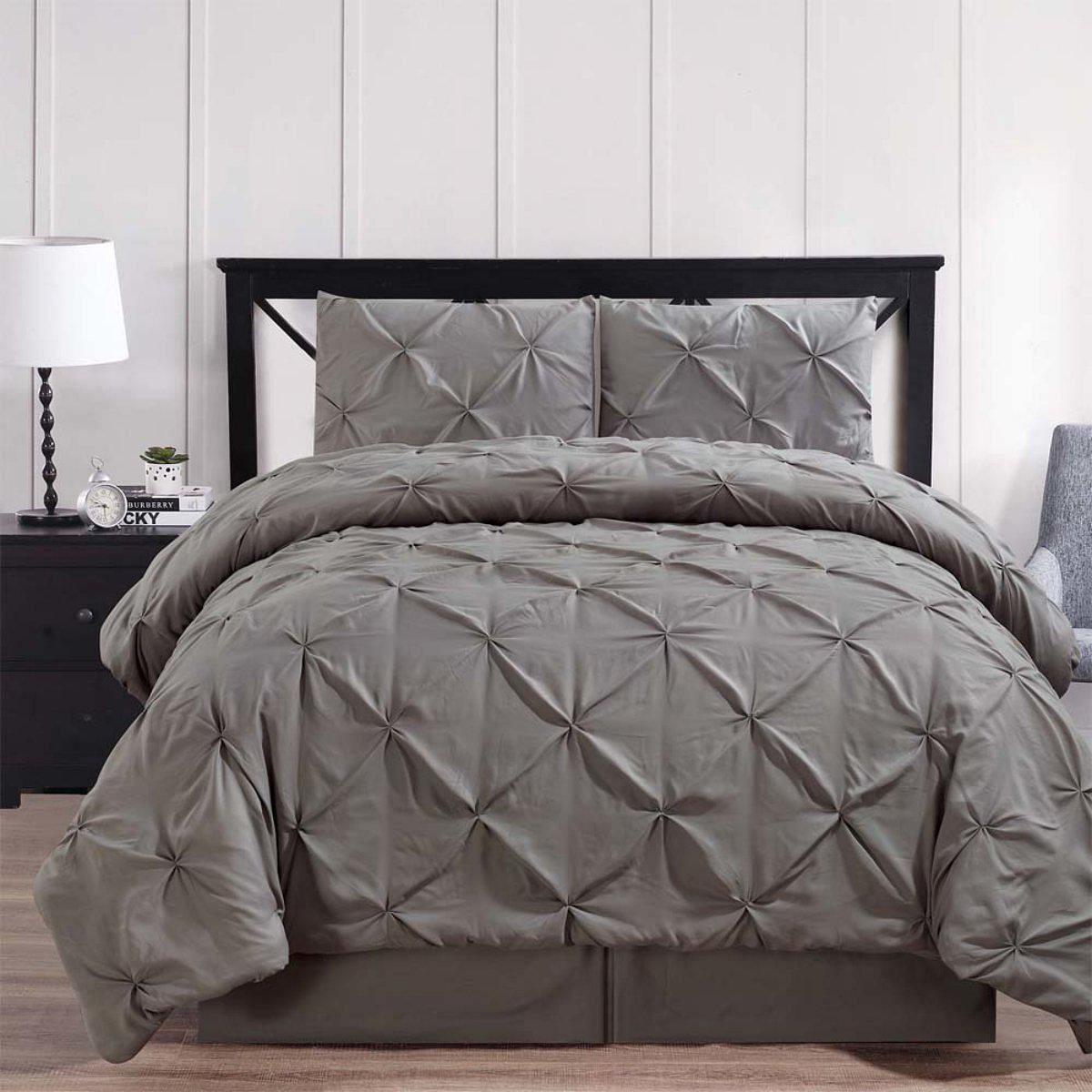 Gray Oxford Double Needle Luxury Soft Pinch Pleated Comforter Set