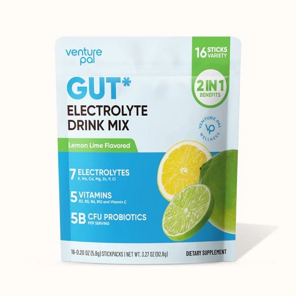 Gut Electrolyte Drink Mix - Lemon Lime - Hydration Powder with 7 Electrolytes, Vitamins, Probiotics & Prebiotic Fiber for Gut Health, Digestion & Daily Hydration