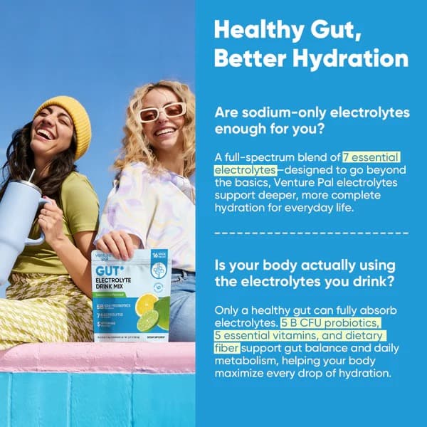 Gut Electrolyte Drink Mix - Lemon Lime - Hydration Powder with 7 Electrolytes, Vitamins, Probiotics & Prebiotic Fiber for Gut Health, Digestion & Daily Hydration