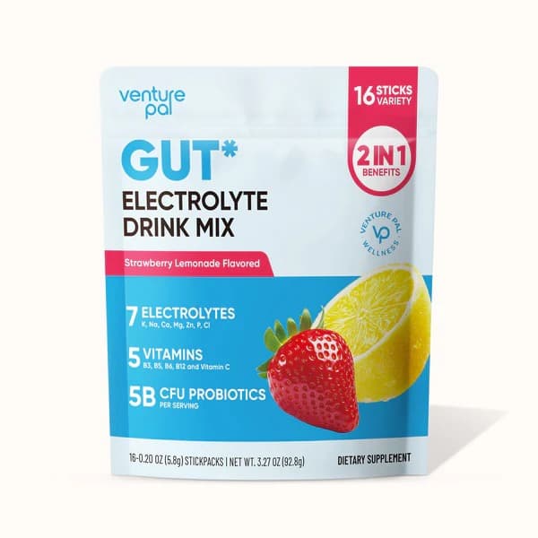 Gut Electrolyte Drink Mix - Strawberry Lemonade - Hydration Powder with 7 Electrolytes, Vitamins, Probiotics & Prebiotic Fiber for Gut Health, Digestion & Daily Hydration