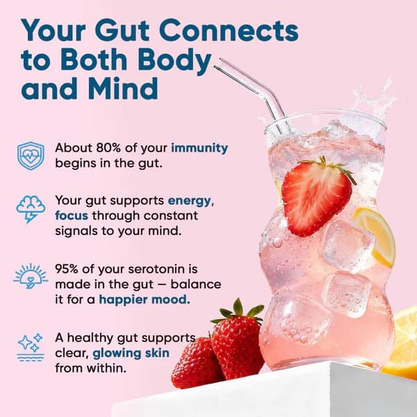 Gut Electrolyte Drink Mix - Strawberry Lemonade - Hydration Powder with 7 Electrolytes, Vitamins, Probiotics & Prebiotic Fiber for Gut Health, Digestion & Daily Hydration