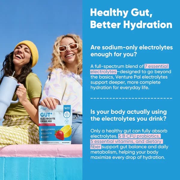 Gut Electrolyte Drink Mix - Strawberry Lemonade - Hydration Powder with 7 Electrolytes, Vitamins, Probiotics & Prebiotic Fiber for Gut Health, Digestion & Daily Hydration