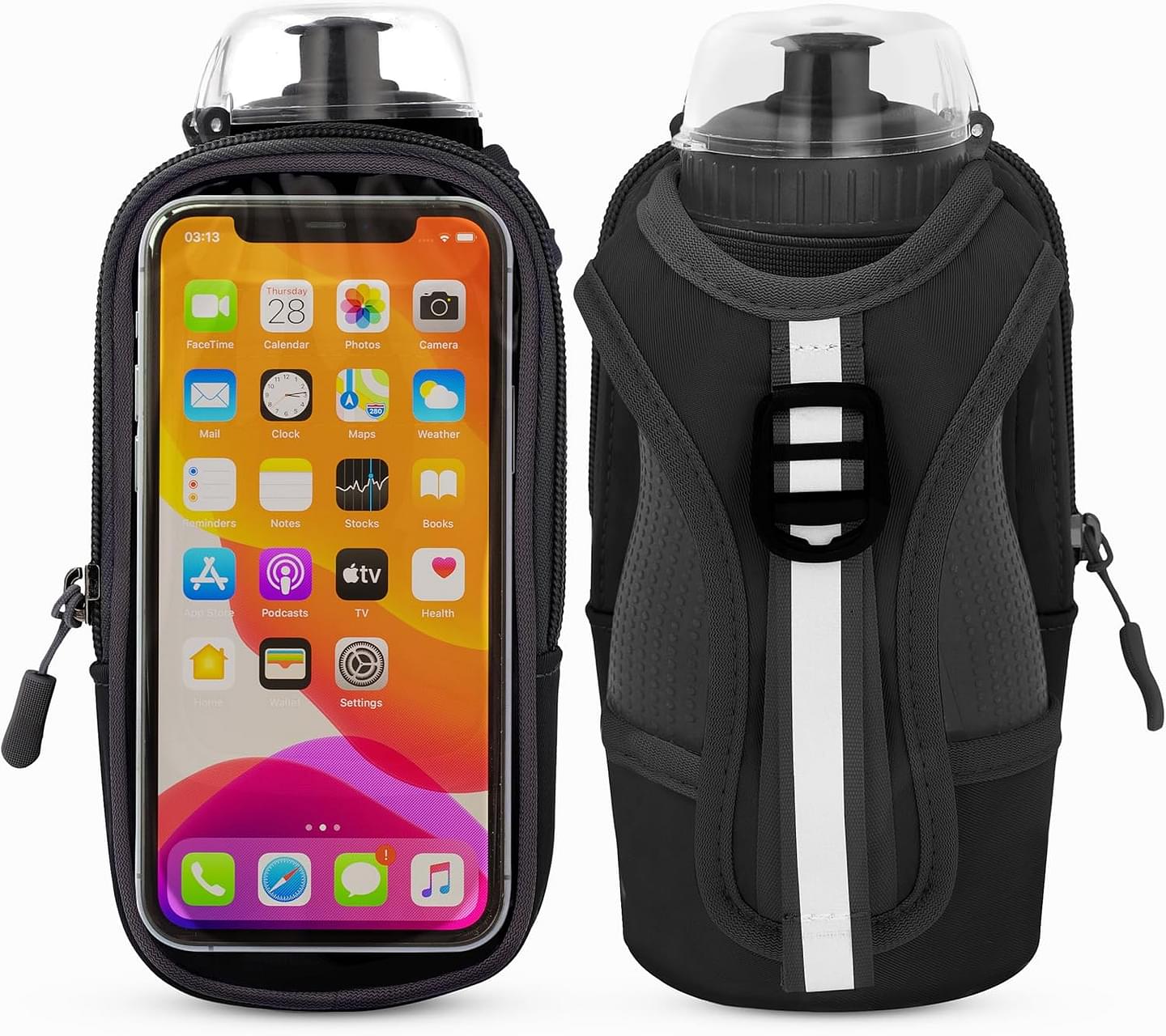 Handheld Running Water Bottle (17oz) | Water Bottle Phone Holder | Secure Seal & Non-Slip Rubber Grip | Phone Holder for Running | Handheld Water Bottle Running | Running Water Bottle Hand black