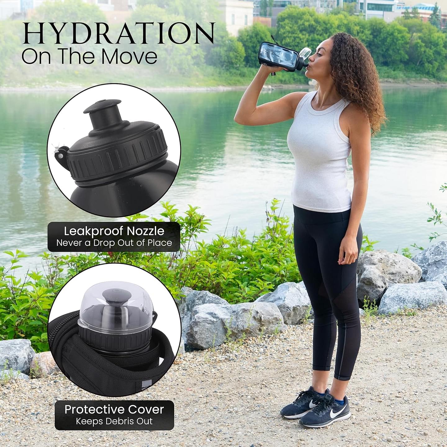 Handheld Running Water Bottle (17oz) | Water Bottle Phone Holder | Secure Seal & Non-Slip Rubber Grip | Phone Holder for Running | Handheld Water Bottle Running | Running Water Bottle Hand black