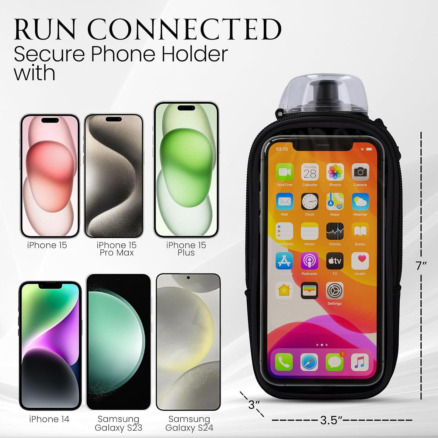 Handheld Running Water Bottle (17oz) | Water Bottle Phone Holder | Secure Seal & Non-Slip Rubber Grip | Phone Holder for Running | Handheld Water Bottle Running | Running Water Bottle Hand black