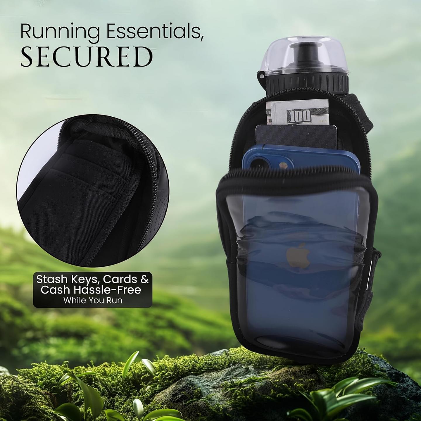 Handheld Running Water Bottle (17oz) | Water Bottle Phone Holder | Secure Seal & Non-Slip Rubber Grip | Phone Holder for Running | Handheld Water Bottle Running | Running Water Bottle Hand black