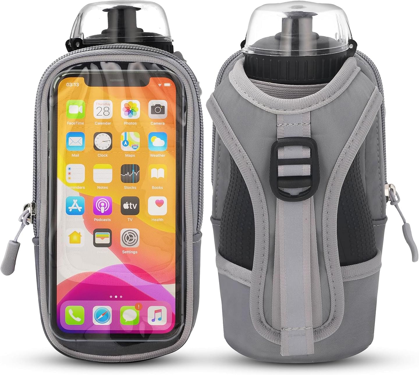 Handheld Running Water Bottle (17oz) | Water Bottle Phone Holder | Secure Seal & Non-Slip Rubber Grip | Phone Holder for Running | Handheld Water Bottle Running | Running Water Bottle Hand gray