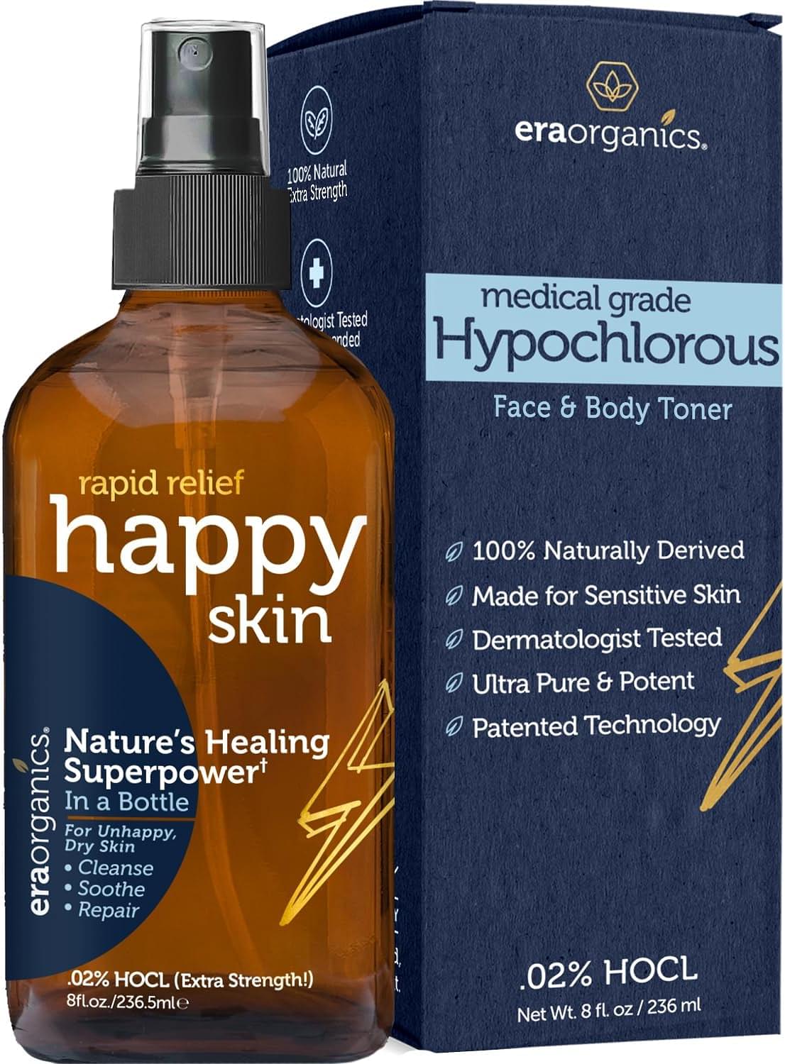 Happy Skin .02% Hypochlorous Acid Spray Toner– Extra Strength, Extra Gentle 100% Natural Toner & Skin Cleanser for Face & Body– Soothe, Hydrate & Repair Dry, Sensitive Skin– pH Balanced, Non-Toxic 8oz
