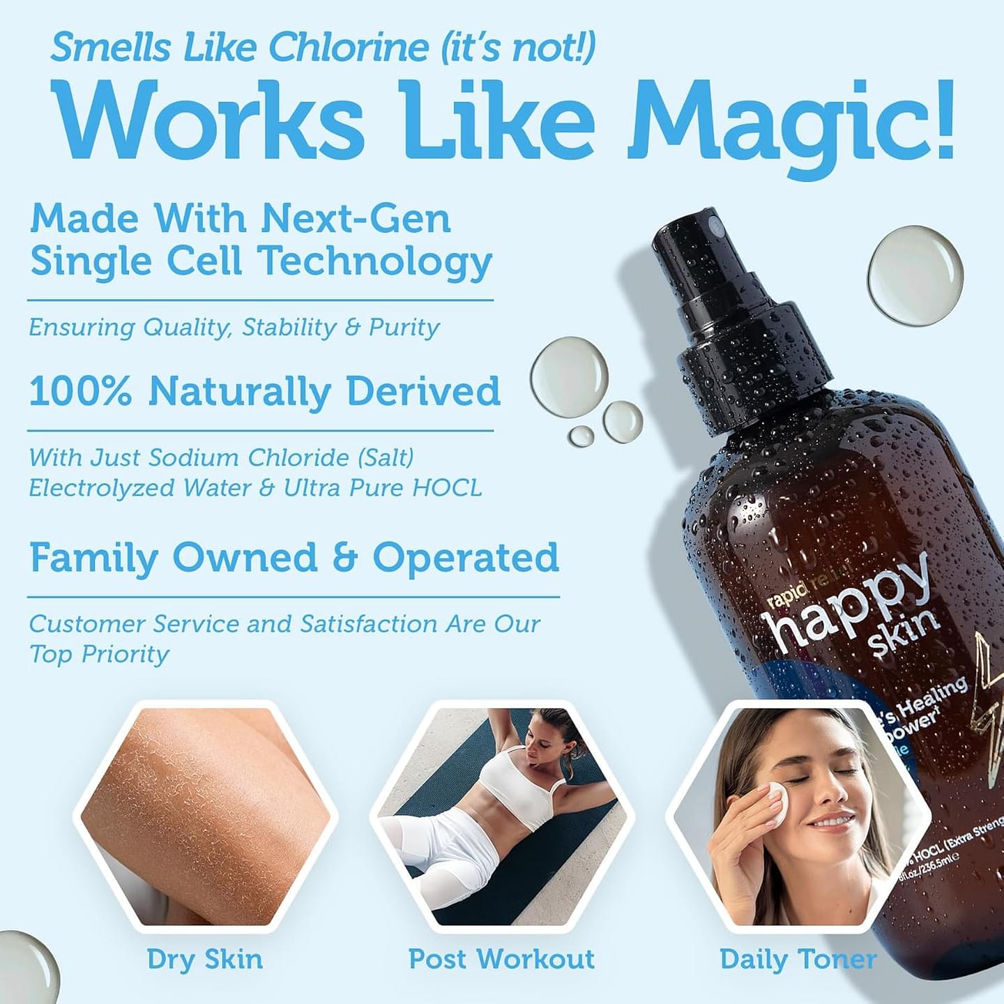 Happy Skin .02% Hypochlorous Acid Spray Toner– Extra Strength, Extra Gentle 100% Natural Toner & Skin Cleanser for Face & Body– Soothe, Hydrate & Repair Dry, Sensitive Skin– pH Balanced, Non-Toxic 8oz