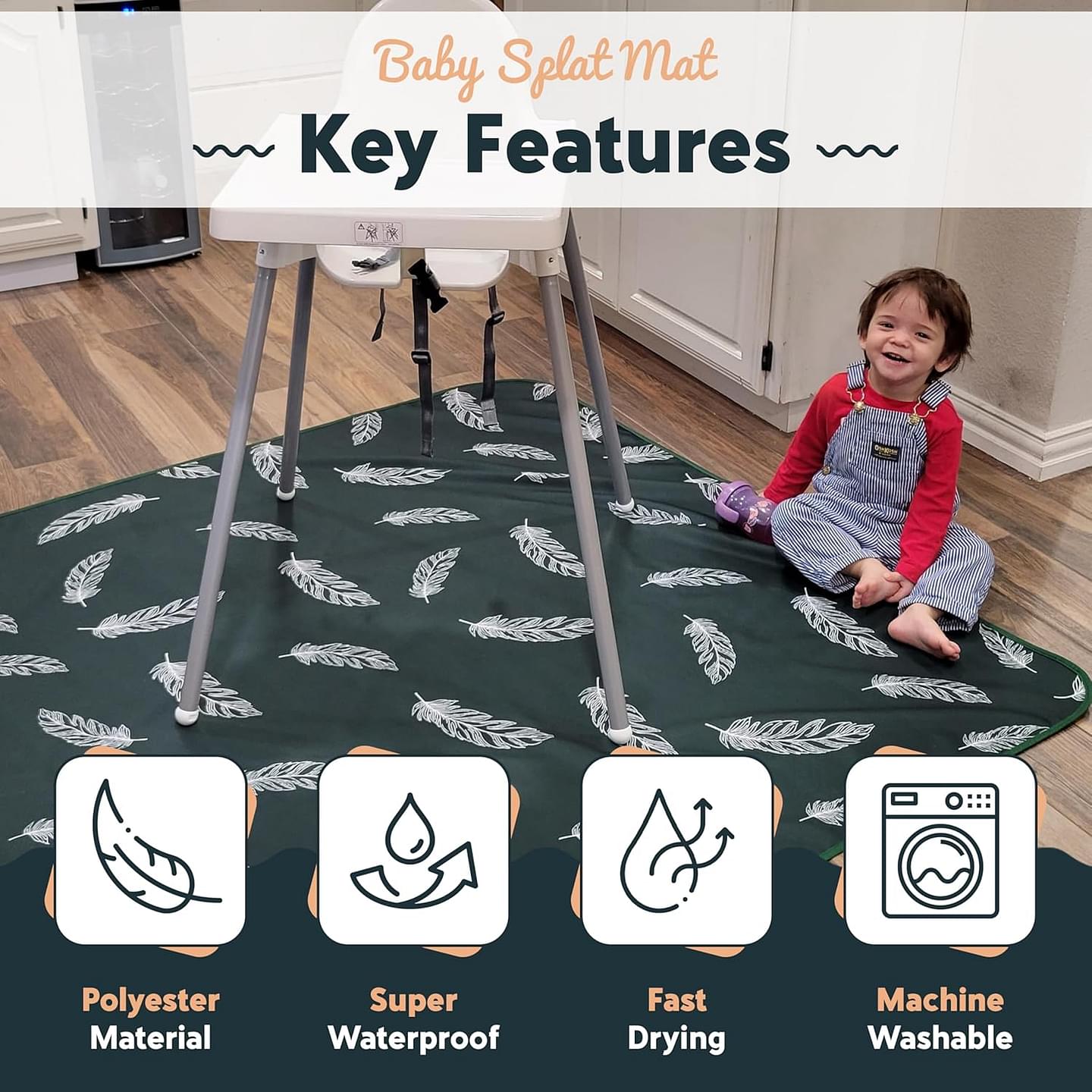 Heavy Duty XL Baby Splat Mat for Under High Chair 55 x 55 Inch Waterproof & Washable Spill Mat Baby Place Mat for Baby Playtime & Picnic Anti-Slip Splash Baby Mat for Floor or Table