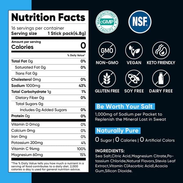 High Sodium Sugar Free Electrolytes Powder Packet - Blue Raspberry Salt - With Sodium, Potassium, Magnesium & Vitamin C for Electrolyte Balance and Daily Performance - 30 Sticks