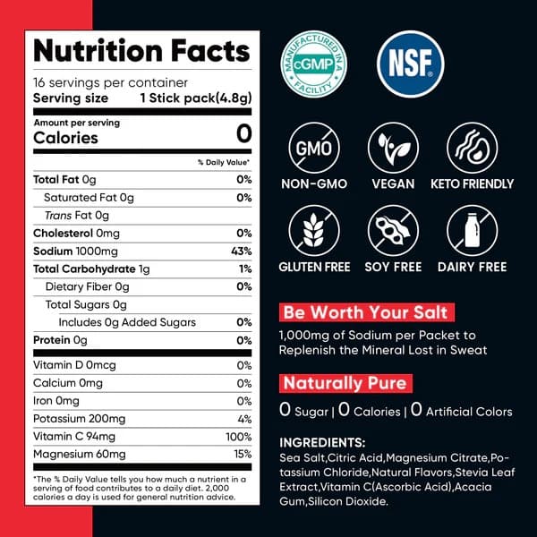 High Sodium Sugar Free Electrolytes Powder Packet - Cherry Salt - Rapid Hydration Drink Mix with Sodium, Potassium, Magnesium & Vitamin C for Electrolyte Balance and Daily Performance - 30 Sticks