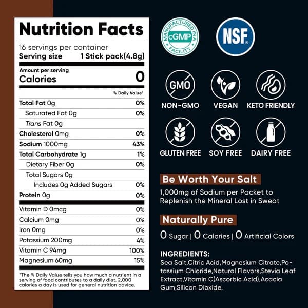 High Sodium Sugar Free Electrolytes Powder Packet - Chocolate Salt - With Sodium, Potassium, Magnesium & Vitamin C for Electrolyte Balance and Daily Performance - 30 Sticks