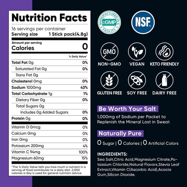 High Sodium Sugar Free Electrolytes Powder Packet - Grape Salt - With Sodium, Potassium, Magnesium & Vitamin C for Electrolyte Balance and Daily Performance - 30 Sticks