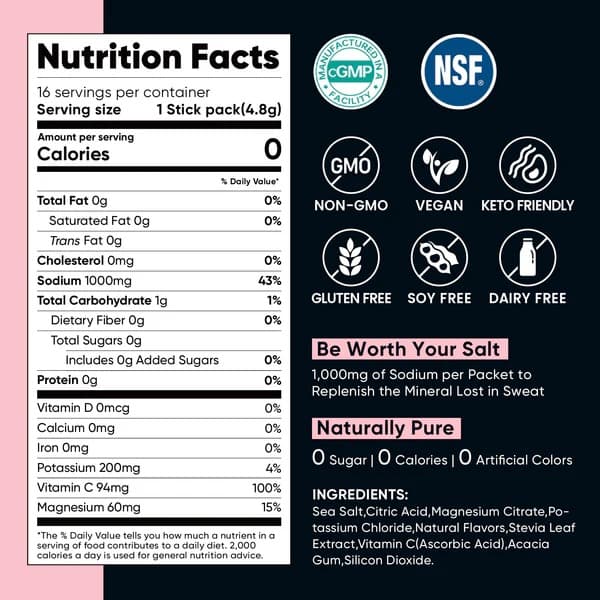 High Sodium Sugar Free Electrolytes Powder Packet - Strawberry Lemonade Salt - Hydration Drink Mix with Sodium, Potassium, Magnesium & Vitamin C for Rapid Rehydration and Daily Performance - 30 Sticks