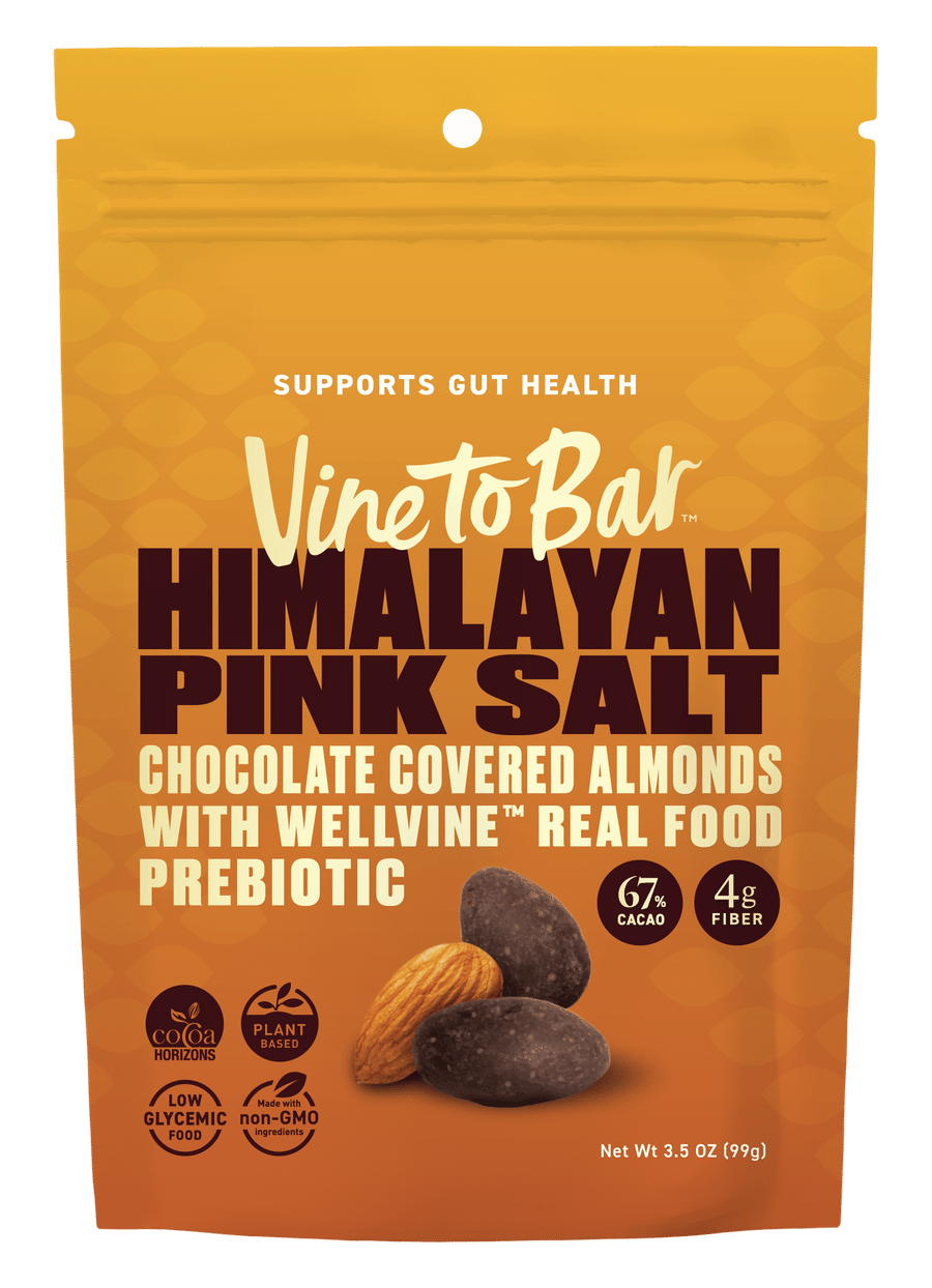 Himalayan Pink Salt Chocolate Covered Almonds - Premium Dark Chocolate Covered California Almonds with Himalayan Pink Salt and WellVine Prebiotic, Gourmet Snack Pouch