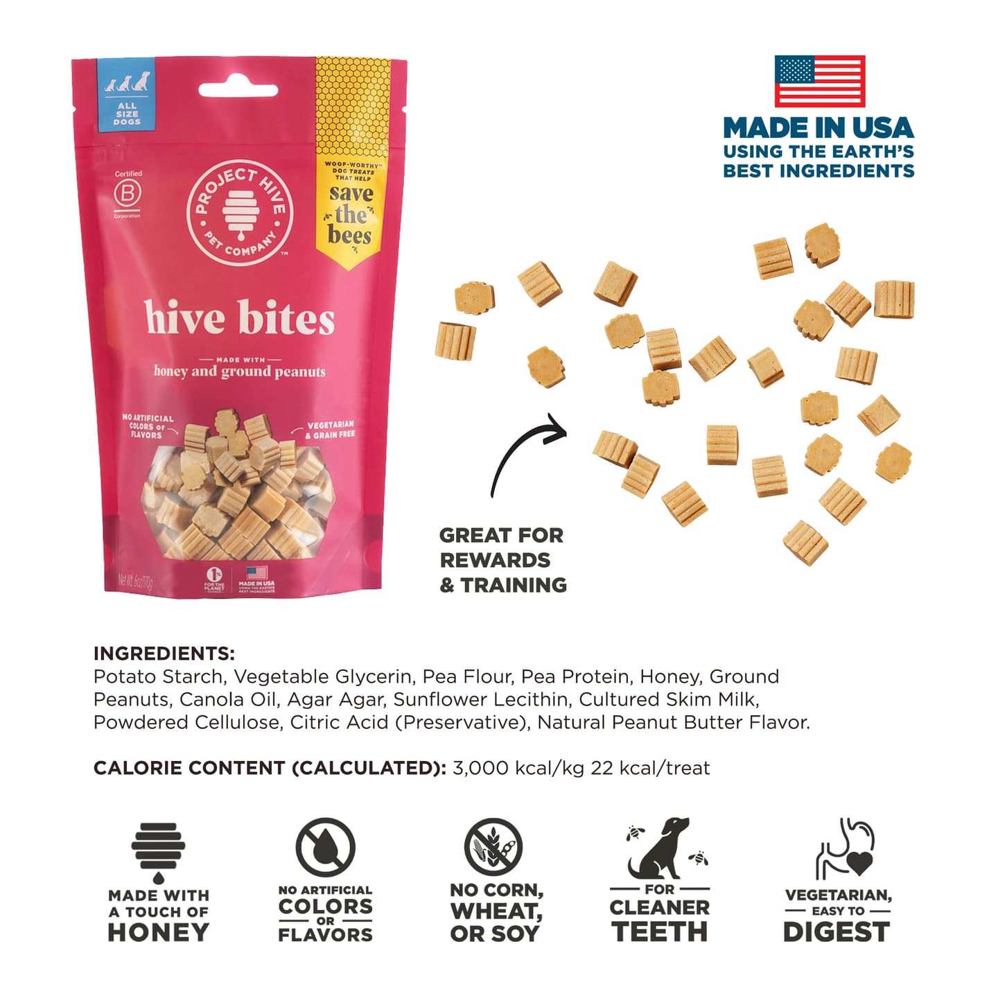hive bites - Vegetarian Peanut & Honey Dog Treats, Grain-Free, 6 oz Bag