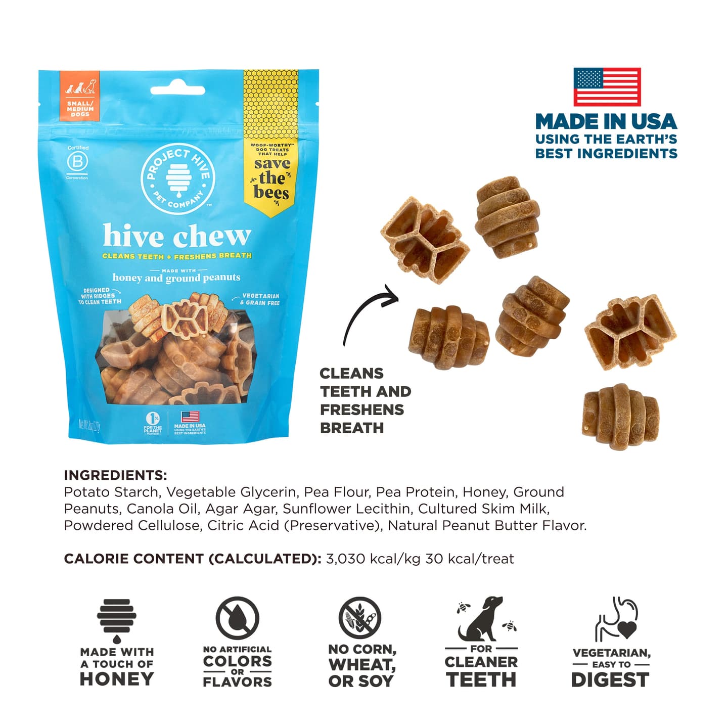 hive chews - small - Dental Dog Treats, Peanut & Honey Recipe, 8 oz Bag