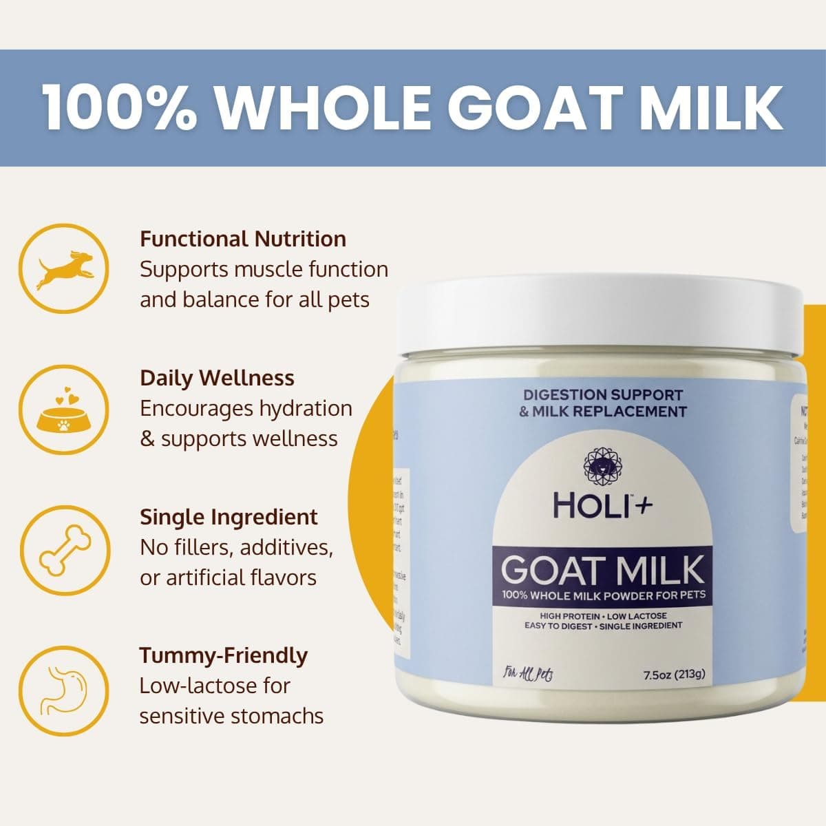 HOLI Goat Milk Powder - Dog Milk Replacer for Puppies, Adults, and Seniors. Whole Goat Milk Rich in MCTs for Activity Support and Muscle Recovery - Supports Digestion and Immune Health, 7.5 Ounce Natural 7.5 Ounce (Pack of 1)