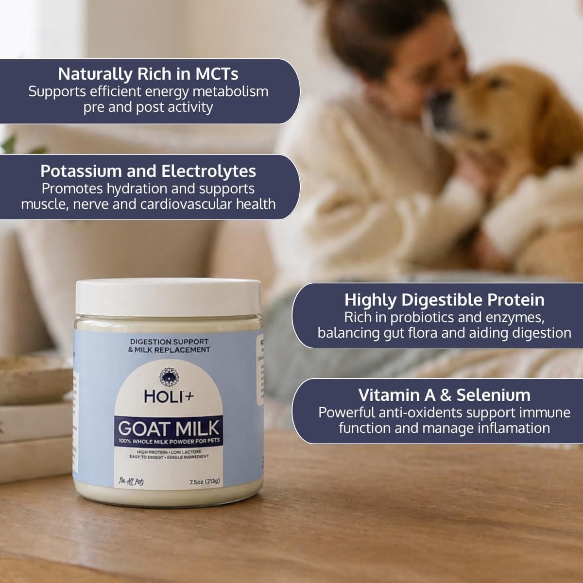 HOLI Goat Milk Powder - Dog Milk Replacer for Puppies, Adults, and Seniors. Whole Goat Milk Rich in MCTs for Activity Support and Muscle Recovery - Supports Digestion and Immune Health, 7.5 Ounce Natural 7.5 Ounce (Pack of 1)