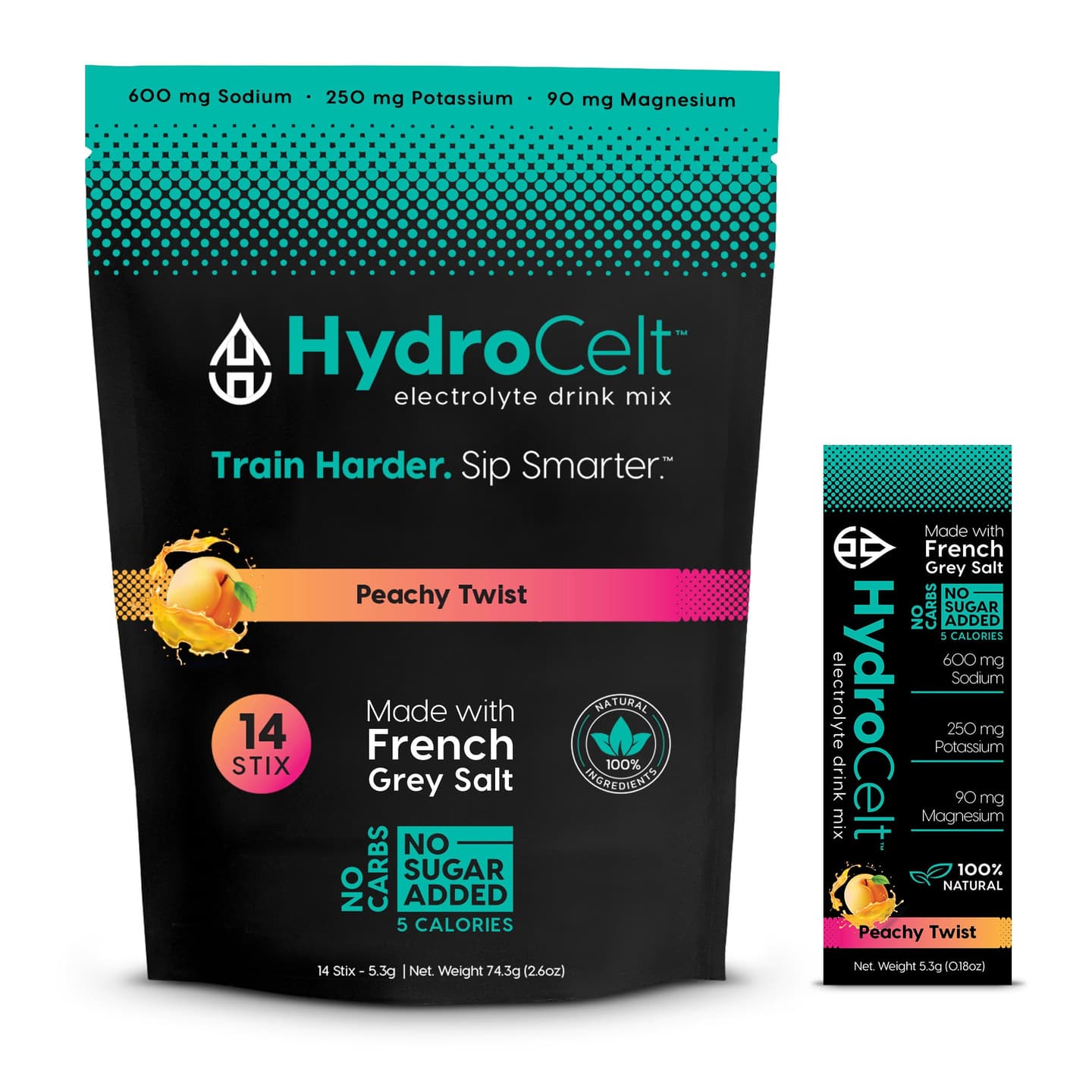 HydroCelt Peachy Twist - Zero Sugar Electrolyte Hydration Sticks with French Grey Sea Salt, Potassium & Magnesium - 14 Pack