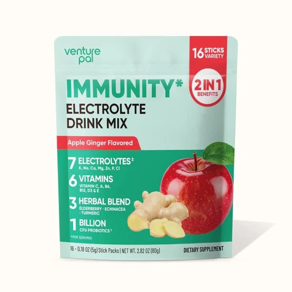Immune Electrolyte Drink Mix - Apple Ginger - Hydration Powder with 7 Electrolytes, Vitamins, Probiotics & Herbal Blend for Immune Support, Energy & Recovery