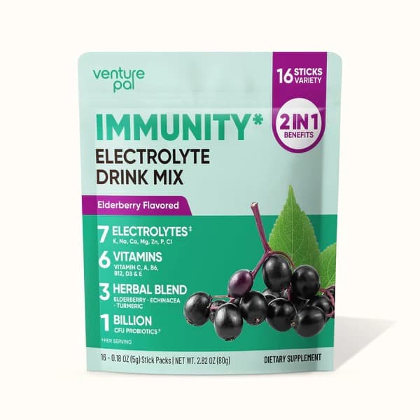 Immune Electrolyte Drink Mix - Elderberry - Hydration Powder with 7 Electrolytes, Vitamins, Probiotics & Herbal Blend for Immune Support, Energy & Recovery