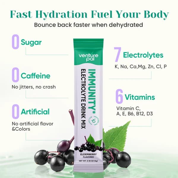 Immune Electrolyte Drink Mix - Elderberry - Hydration Powder with 7 Electrolytes, Vitamins, Probiotics & Herbal Blend for Immune Support, Energy & Recovery
