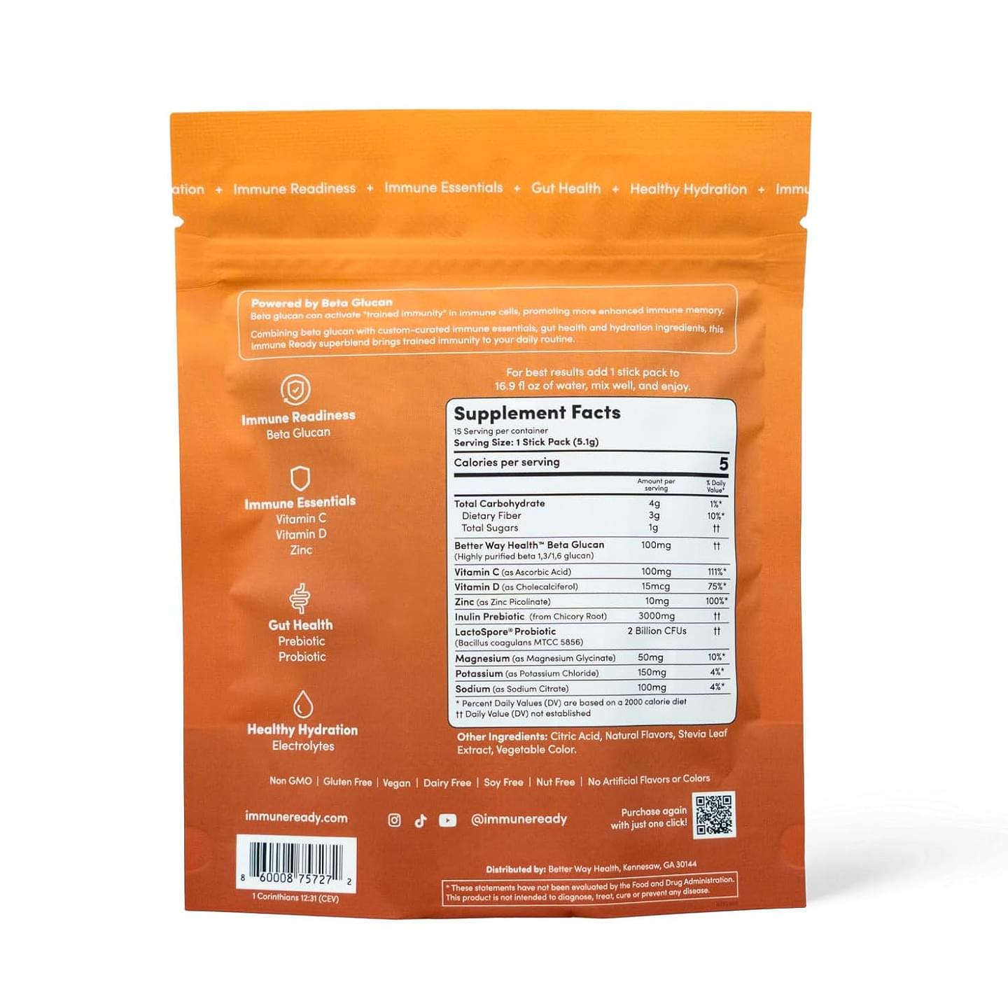 Immune Ready - Refreshing Daily Immune Readiness Drink Mix - Peach Mango - 1 Pouch (Pack of 15)