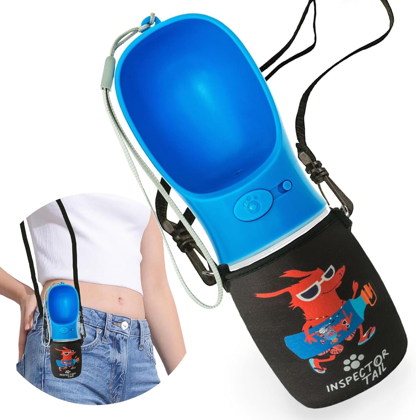 INSPECTOR TAIL Dog Water Bottle + Fancy Neoprene Holder | Leak Proof & Portable Pet Dispenser for Travel Outdoor Hiking & Walking | Lightweight Puppy Drinking Cup w Bowl | 12 Oz & Blue Drinking Feeder