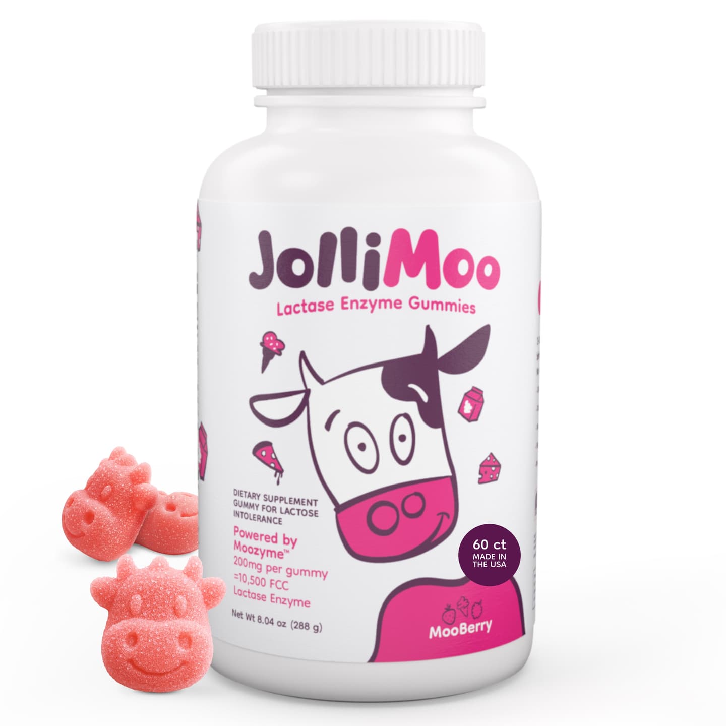 JolliMoo Lactose Intolerance Super Gummies – Moozyme Lactase Enzyme Chewable Supplement - Mooberry / 60 Ct.