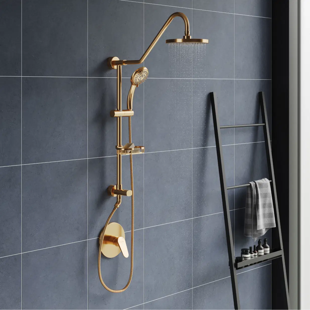 Kauai III 8-in Rain Showerhead Shower System with Slide Bar and Integrated Soap Dish Brushed Gold gold