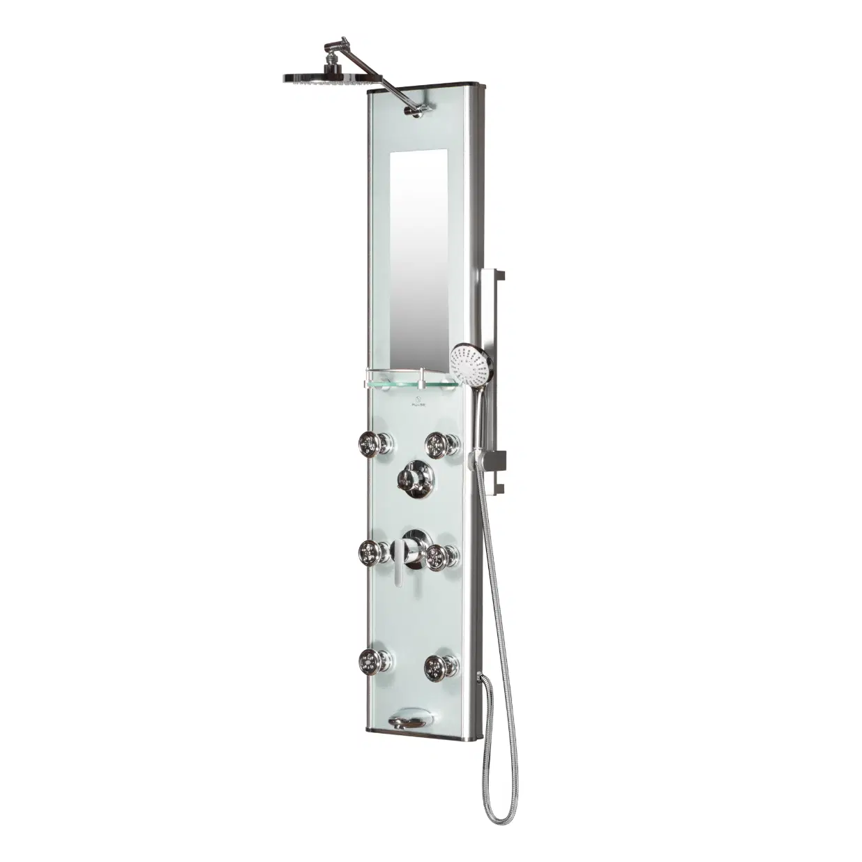 Kihei II 8-in ShowerSpa with 6-Body Jets and Multi-function Handshower and Built-in Mirror Seafoam Glass and Chrome