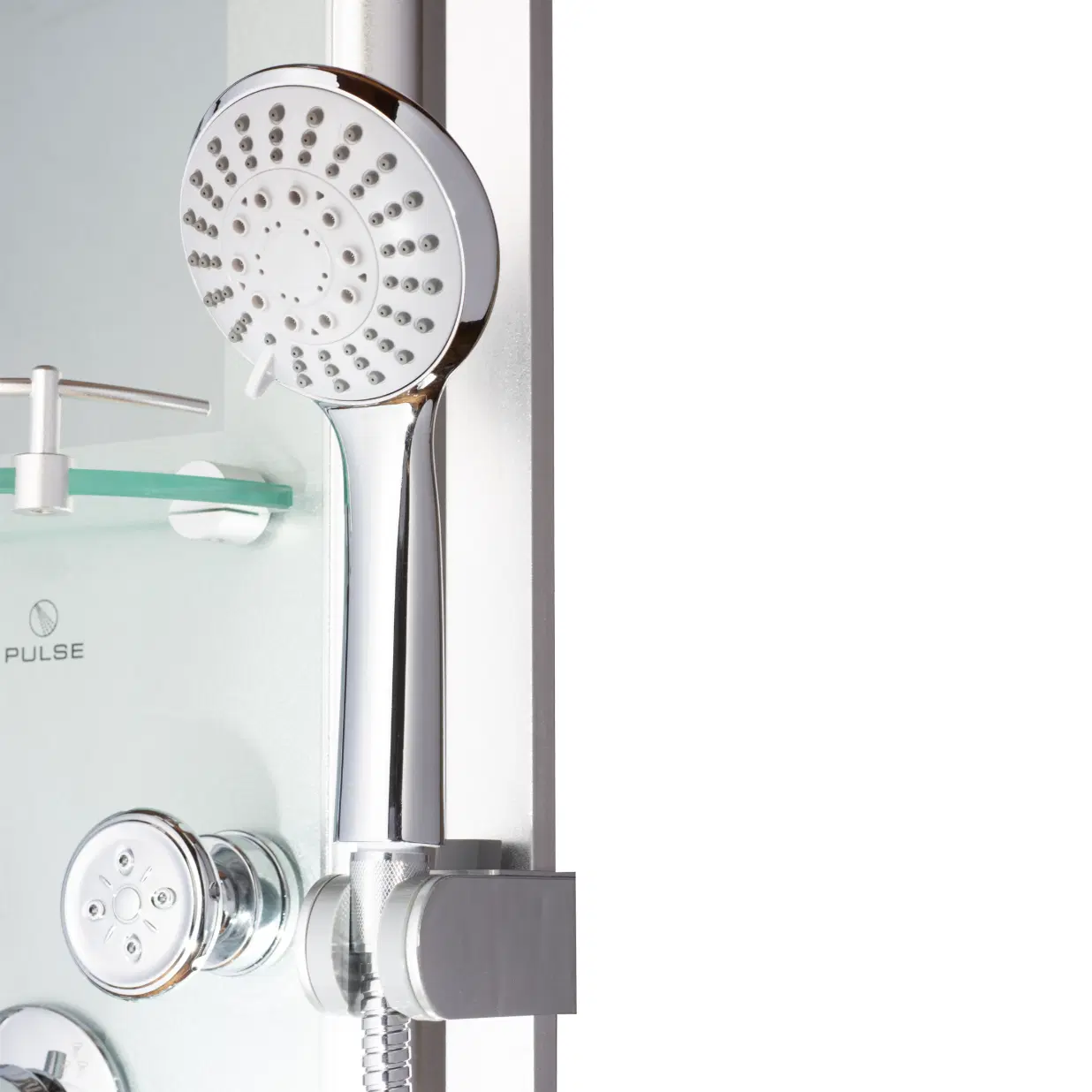 Kihei II 8-in ShowerSpa with 6-Body Jets and Multi-function Handshower and Built-in Mirror Seafoam Glass and Chrome