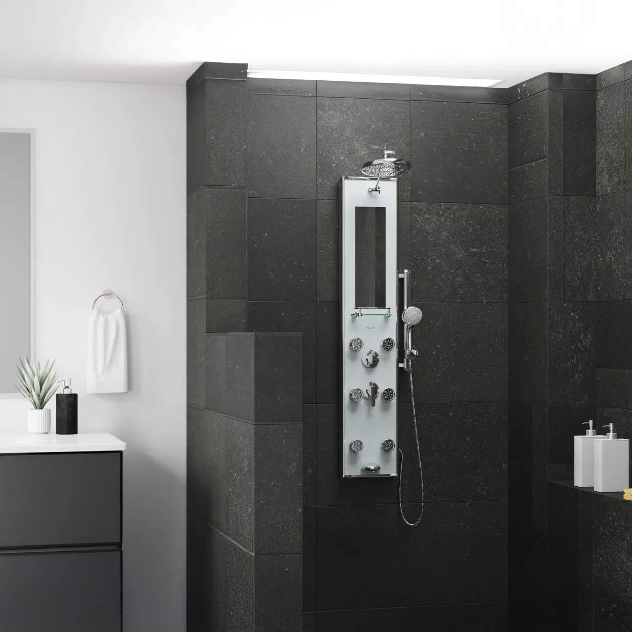 Kihei II 8-in ShowerSpa with 6-Body Jets and Multi-function Handshower and Built-in Mirror Seafoam Glass and Chrome