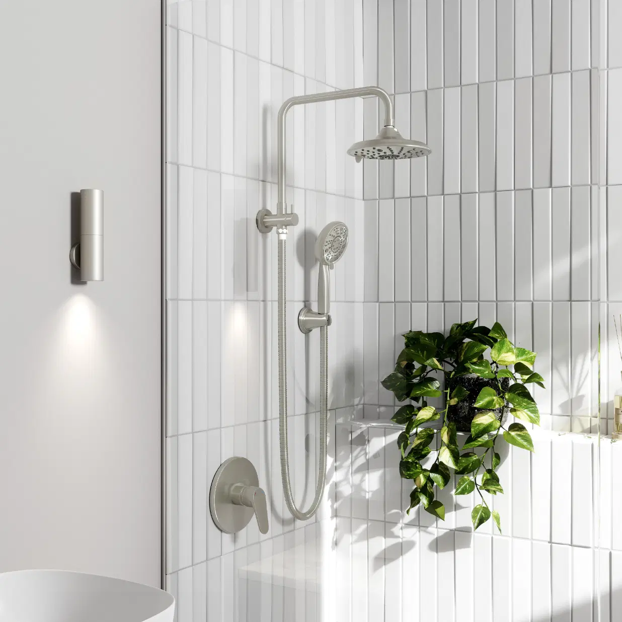 Laguna 8-in Multi-function Showerhead Shower System with Pivoting Shower Arm and Multi-function Handshower Brushed Nickel