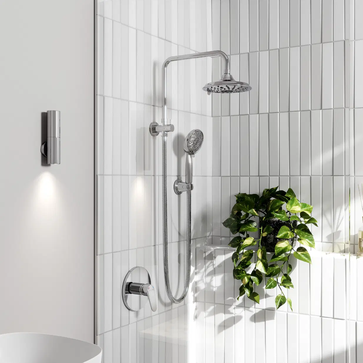 Laguna 8-in Multi-function Showerhead Shower System with Pivoting Shower Arm and Multi-function Handshower Chrome