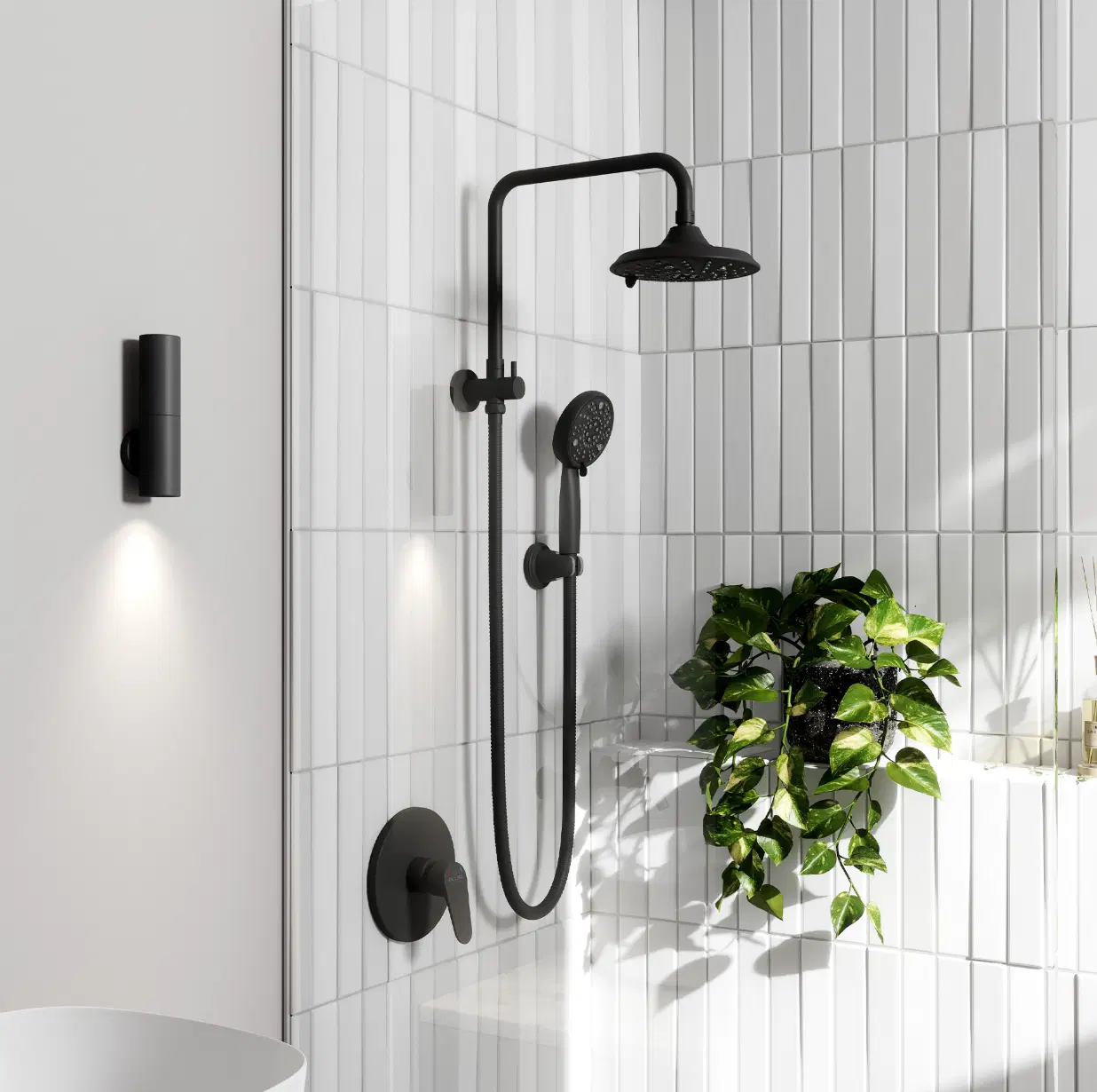 Laguna 8-in Multi-function Showerhead Shower System with Pivoting Shower Arm and Multi-function Handshower Matte Black