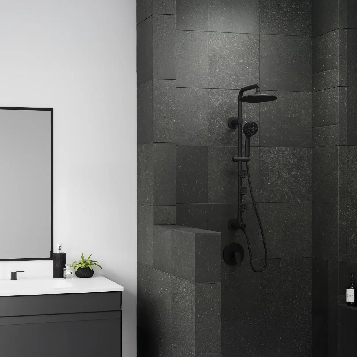 Lanai 8-in Rain Showerhead Shower System with 3-Body Jets Pivoting Shower Arm and Multi-function Handshower Matte Black 1.8 GPM
