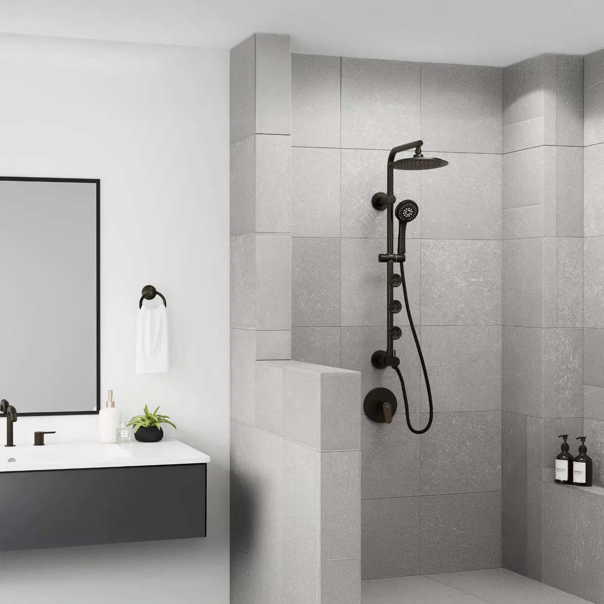 Lanai 8-in Rain Showerhead Shower System with 3-Body Jets Pivoting Shower Arm and Multi-function Handshower Oil Rubbed Bronze 1.8 GPM