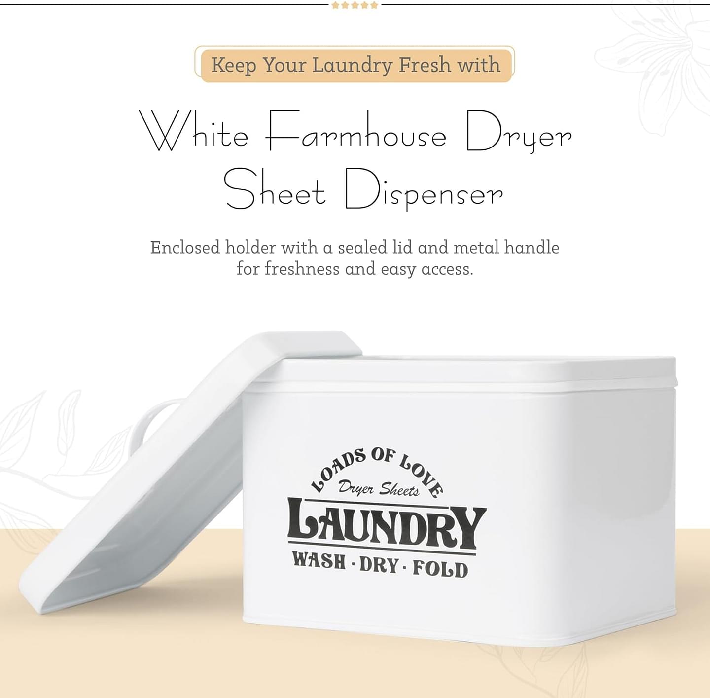 Laundry Dryer Sheet Holder with Lid | White Farmhouse Dryer Sheet Dispenser | Metal Dryer Sheet Container | Dryer Sheets Holder | Laundry Sheet Holder | Dryer Sheets container