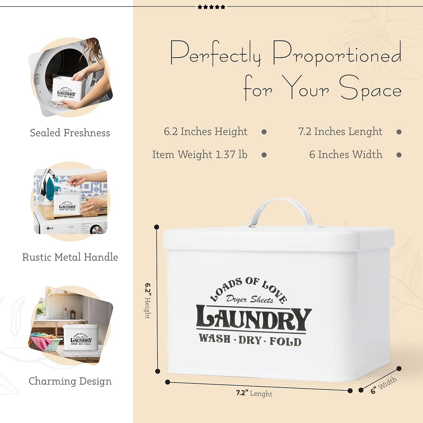 Laundry Dryer Sheet Holder with Lid | White Farmhouse Dryer Sheet Dispenser | Metal Dryer Sheet Container | Dryer Sheets Holder | Laundry Sheet Holder | Dryer Sheets container