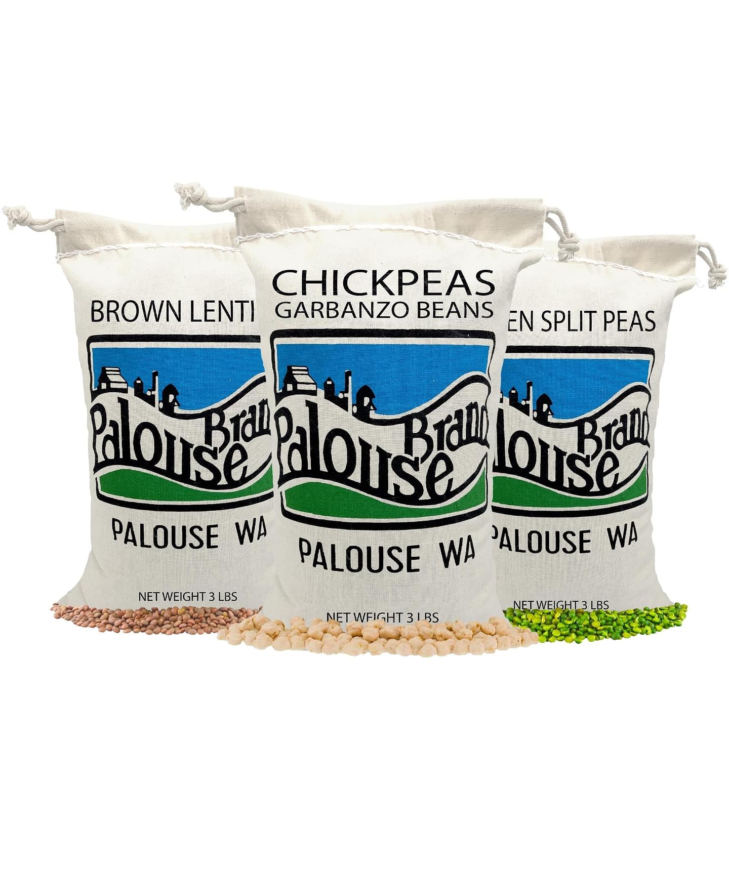 Legume Cotton Pack | 9 LBS: Chickpeas, Brown Lentils, Green Split Peas