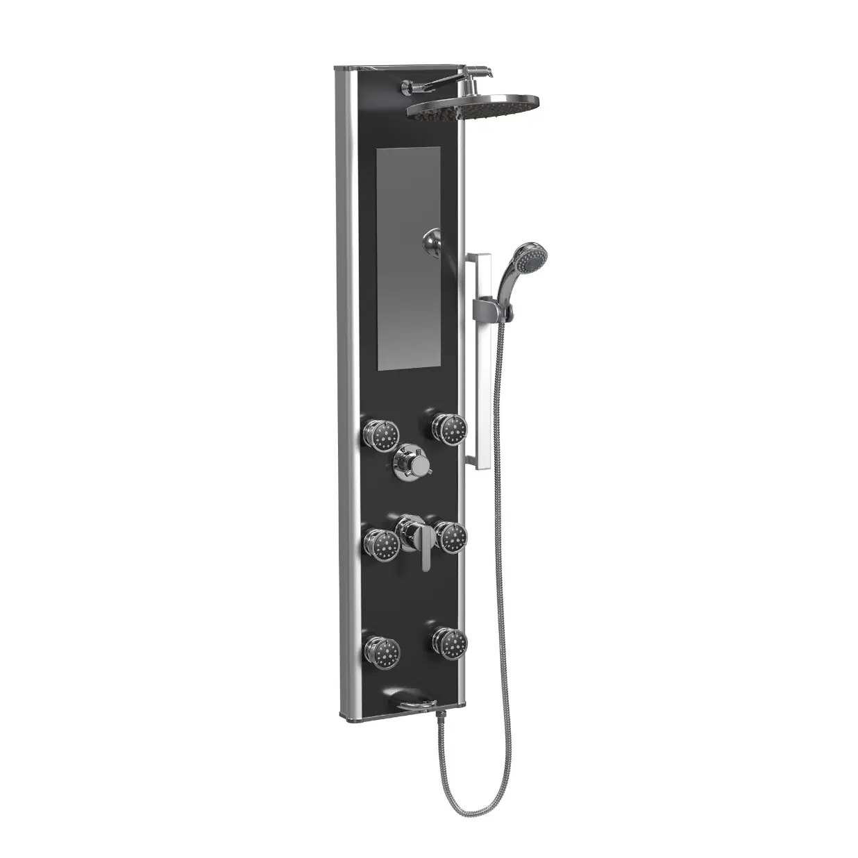 Leilani 8-in ShowerSpa with 6-Dual Function Body Jets Slide Bar Handshower and Built-in Mirror Black Glass and Chrome
